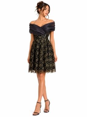 Vintage Black & Gold Lace Off-Shoulder Dress Crinoline Skirt – Size Small EUC